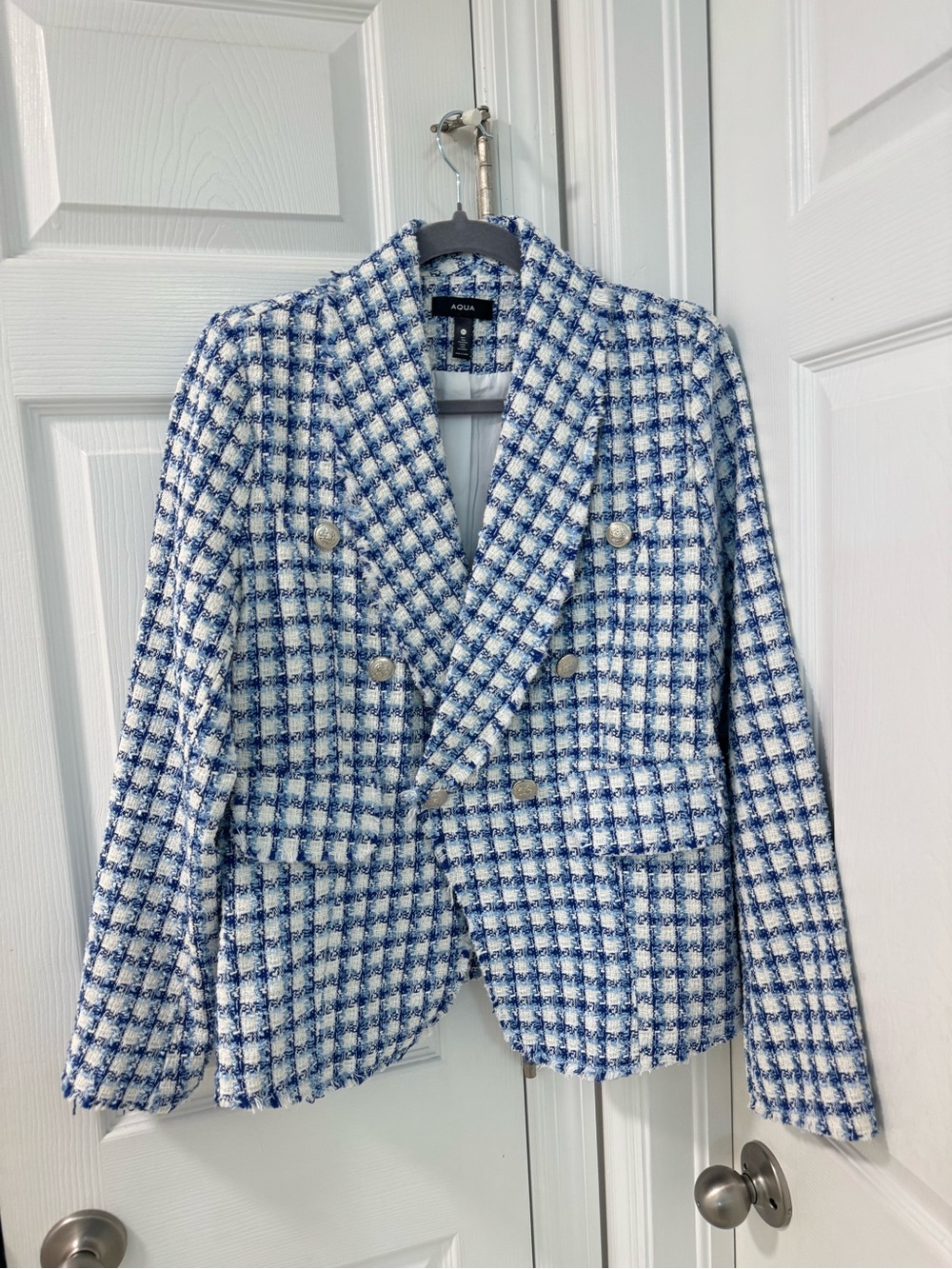 Aqua Tweed double breasted Blazer preppy size XL blue white